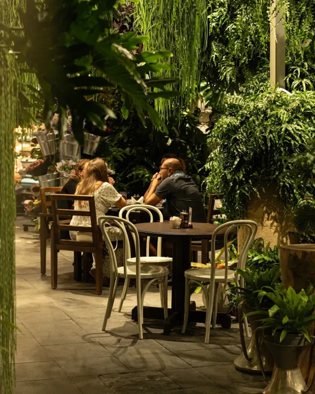 סועדים ליד שולחן עגול בחצר עמוסת צמחייה תלויה בתאורת ערב חמה