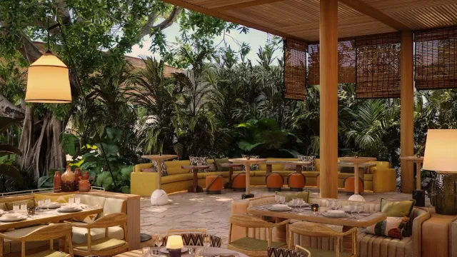 ספות צהובות ושולחנות ערוכים תחת פרגולת עץ מול צמחייה טרופית