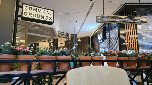 שורת עציצי פרחים על מעקה מול שלט תלוי בתוך חלל קניון
